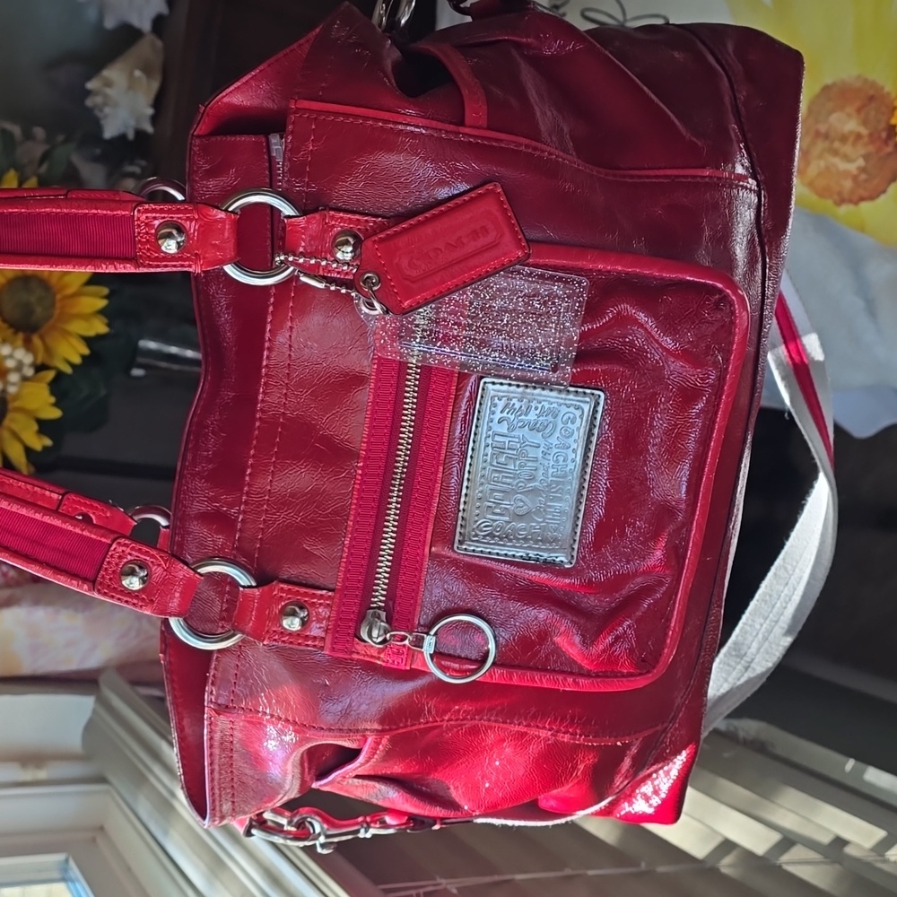 Coach POPPY Red Patent Tote  Silver Hardware, 2 Hangtags and Longstrap